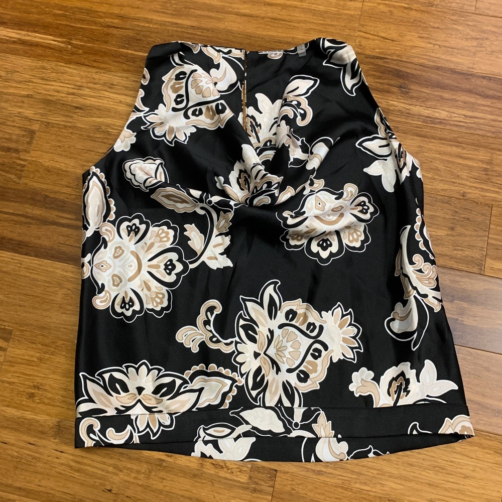 Elie Tahari Floral Print‎ Top Sleeveless Blouse Cowl Neck Black Beige Size XS